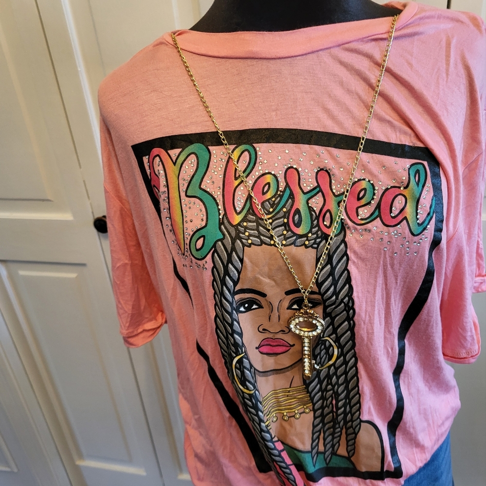 4/$19 Blessed Tie Front NWT Pink Love Nation Graphic Tee with Key Necklace